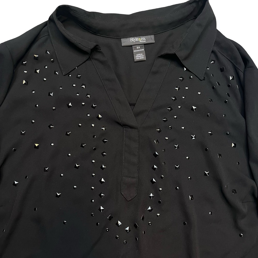 Style & Co Women Blouse Black Studded Hem Roll Tab whimsygoth 3X
